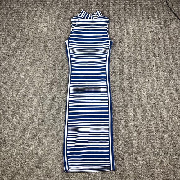 bebe Dress Womens Small Nautical Blue White Striped Mock Neck Bodycon Midi Knit - Picture 2 of 9